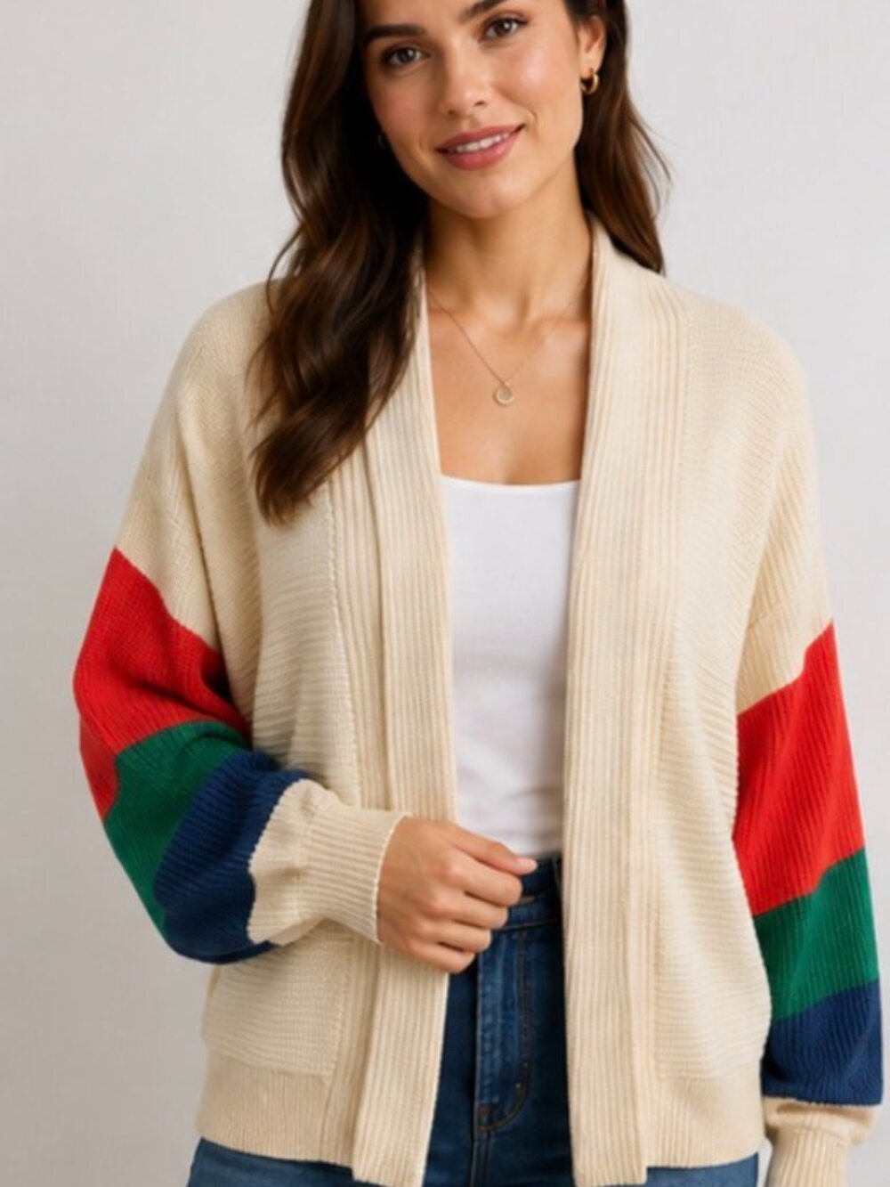 CAbi Colorblock Batwing Sleeve Open Front Cardigan Sweater Cream Red Green Blue